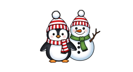 Cute penguin and snowman friends isolated on transparent background
