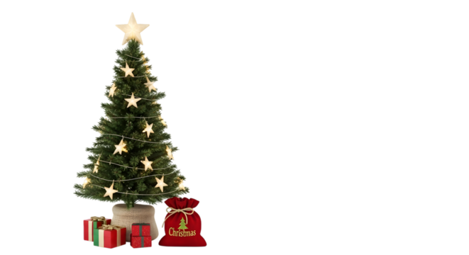 Decorated christmas tree with gifts and santa bag isolated on transparent background