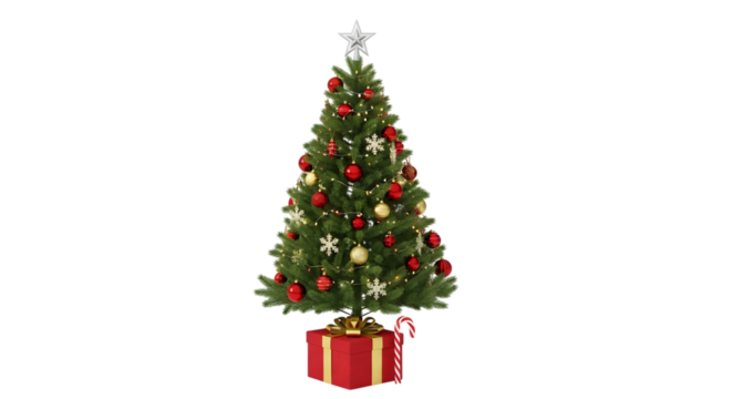 Decorated christmas tree with gifts isolated on transparent background