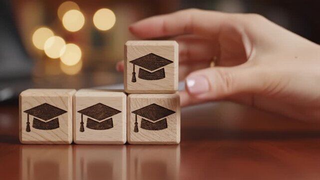 Celebrating Success Wooden Blocks with Graduation Caps Symbolize Education and Achievement in Learning, Reflecting Dedication and Importance of Study in Warm Atmosphere