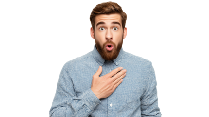 Surprised young man expresses shock with hand on chest in studio setting, wearing a blue checkered shirt Generative AI