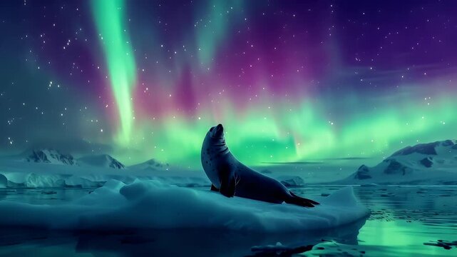 Aurora Borealis digital artwork with a seal on an iceberg in the foreground. The sky is a tapestry of vibrant colors.