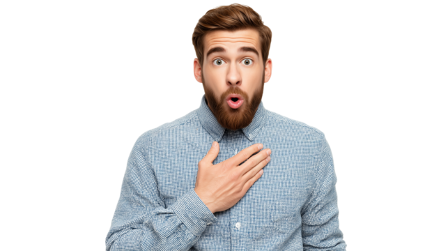 Surprised young man expresses shock with hand on chest in studio setting, wearing a blue checkered shirt Generative AI