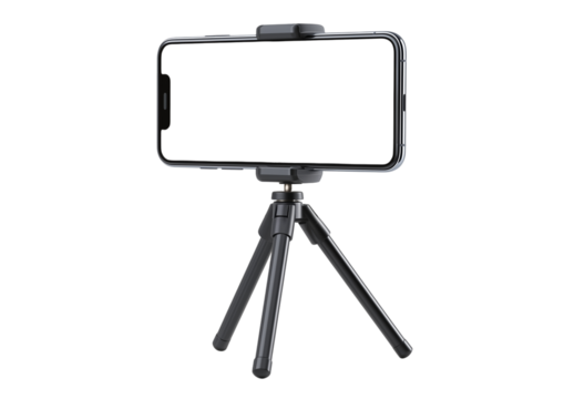 Smartphone mounted on a tripod for video recording in a home or studio setting Generative AI