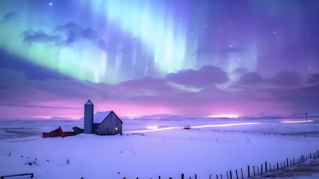 Aurora Borealis over a snowy landscape with a farmhouse and silo in the foreground. The sky is painted in hues of purple, blue, and green.