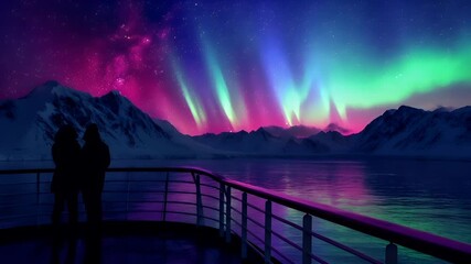 Aurora Borealis over a serene alaskan landscape with a couple on a ships deck. The sky is a tapestry of purples, blues, and pinks, with the aurora lights casting a radiant glow over the scene.
