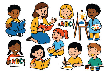 Diverse group of happy children learning and creating in a classroom with teacher