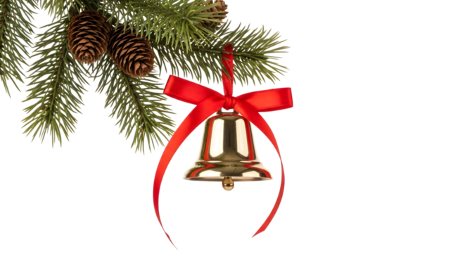 Golden christmas bell with red ribbon isolated on transparent background