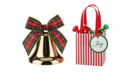 Christmas bell and gift bag isolated on transparent background