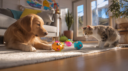 Plakat Golden Retriever dog and cat playing with pet toys