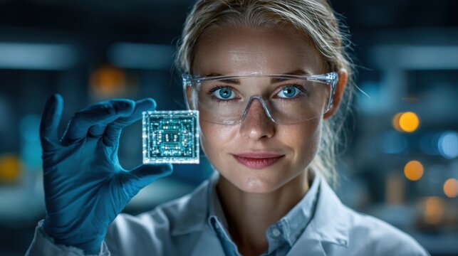 Women in lab coat holds advanced microchip in research facility showcasing technology innovation and scientific progress - Powered by Adobe