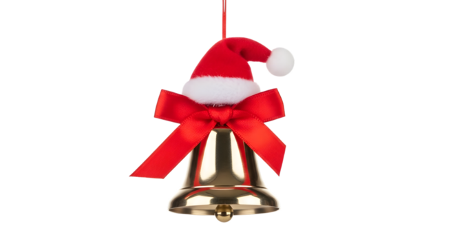 Golden christmas bell with santa hat and red bow isolated on transparent background