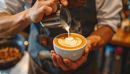 Barista pours steaming milk into espresso, creating latte art in a white cup held in his hands