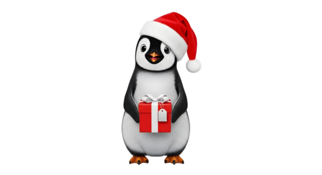 Cute penguin wearing santa hat holding gift isolated on transparent background - Powered by Adobe