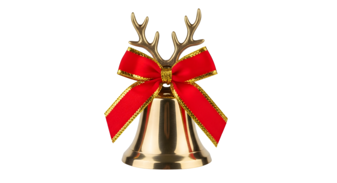Golden christmas bell with red bow and antlers isolated on transparent background