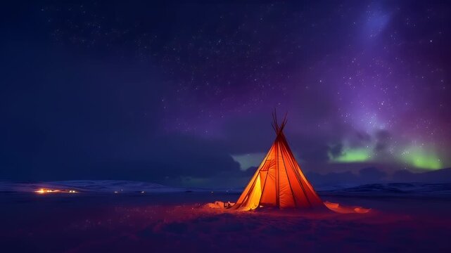 Aurora Borealis and a teepee in a snowy landscape at night with a starry sky.