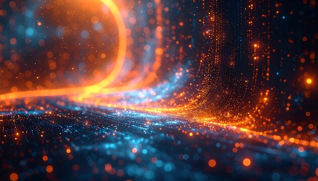 Abstract glowing light streams of orange and blue creating a dynamic perspective, with blurred bokeh effect