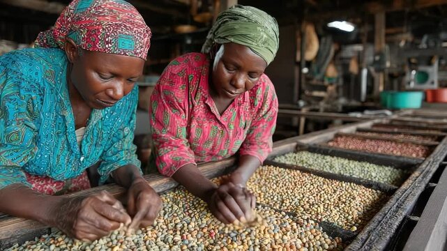 African female workers sorting freshly harvested coffee beans at a washing station in Africa, showcasing hardworking women in agriculture, coffee production, manual labor, sustainable farming,banner