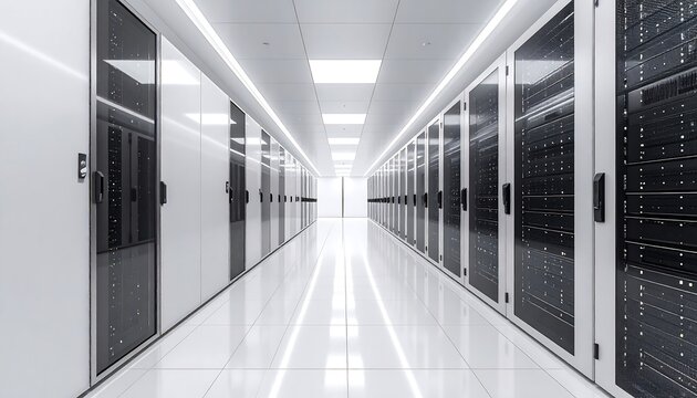 Bright, clean server room hallway, racks stretching into the distance, white walls, and glossy floors