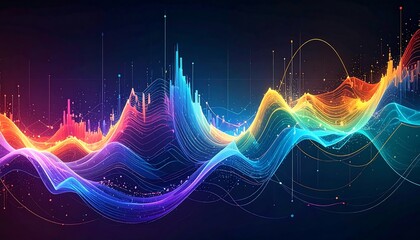 Abstract glowing lines undulate across a dark background, illuminated by colorful peaks and wisps of light