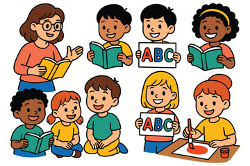 Diverse group of happy children learning and reading with their teacher in classroom