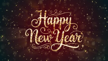 Elegant golden Happy New Year lettering with decorative flourishes and sparkling bokeh, perfect for festive greetings, holiday cards, and celebration videos - Powered by Adobe