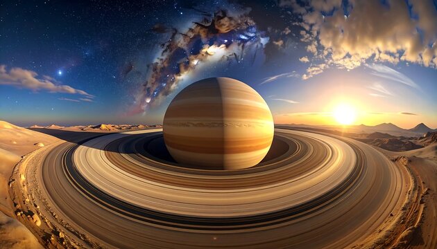 A ringed planet dominates a desert landscape beneath a vibrant, swirling nebula sky - Powered by Adobe