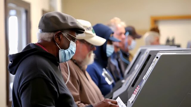 A man wearing a face mask and a flat cap stands in a room with a window, wearing a blue surgical mask around his neck.