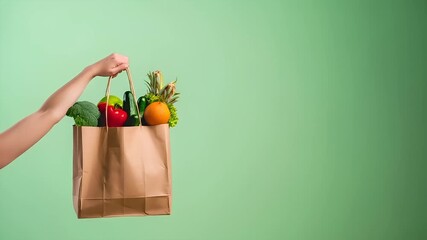 A hand holding a brown paper bag filled with fresh fruits and vegetables against a green background.