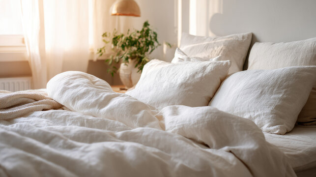 White linen bed in soft morning light, peaceful, calm, emotional vulnerability, serene bedroom, minimal interior, gentle atmosphere, neutral palette