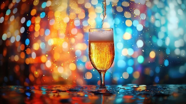 Beer pouring into glass at colorful night club. The background is blurred, highlighting the action and the golden color of the beer. Perfect for themes of hospitality, nightlife