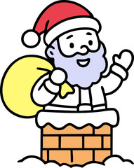 Cute Santa Claus with a yellow gift bag is smiling and waving while standing in a snow-covered brick chimney, ready to deliver presents.