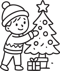 Black and white outline of Santa Claus smiling and waving while standing in a chimney with a sack of presents.