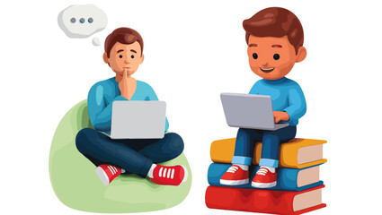 Thinking Teen with Laptop, 3D Illustration on Beanbag with Thought Bubble, student 3d illustration, boy studying laptop, teen thinking laptop, learning concept graphic, digital education character,