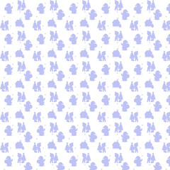 Seamless minimalist Christmas pattern featuring soft lilac silhouettes of Santa, a child decorating a tree, and a cozy winter house, arranged on a white background.