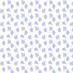 Seamless minimalist Christmas pattern featuring soft lilac silhouettes of Santa, a child decorating a tree, and a cozy winter house, arranged on a white background.