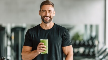 Professional Trainer Holding Green Smoothie in Fitness Studio