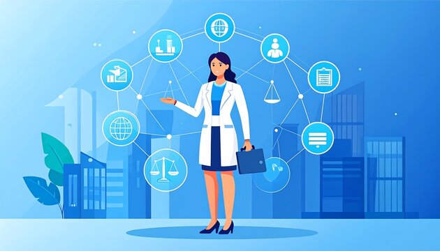 A professional woman stands amidst icons, symbolizing diverse fields against an urban backdrop in vibrant blues