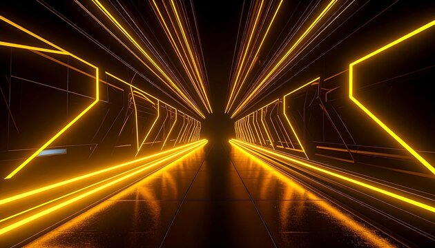 Abstract tunnel of glowing yellow lines converge towards a dark vanishing point. Reflective floor adds to depth