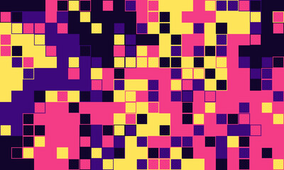 Vibrant pixel art background.  Abstract mosaic of pink, purple, and yellow squares creates a dynamic, energetic design. Ideal for tech, gaming, or modern websites, presentations, and social media.