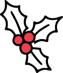 Playful Christmas holly branch with white leaves and three bright red berries, outlined in bold black for a modern festive look.
