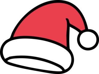 Simple and cheerful Santa hat illustration in red and white with a bold black outline, drawn in a cute cartoon style.