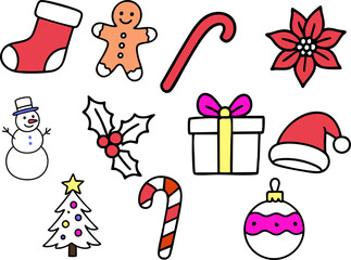 Bright colorful Christmas icon set featuring festive elements like stockings, gingerbread man, candy canes, holly, Santa hat, snowman, tree, gifts, ornaments, and poinsettia on a dark background.