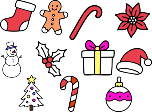 Bright colorful Christmas icon set featuring festive elements like stockings, gingerbread man, candy canes, holly, Santa hat, snowman, tree, gifts, ornaments, and poinsettia on a dark background.