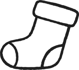 Simple black and white doodle of a Christmas stocking with a rounded shape and folded top, drawn in a cute minimalist hand-drawn style.