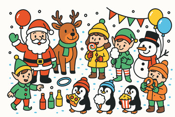 christmas characters including santa claus reindeer elves penguins and snowman celebrating together