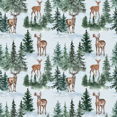 Winter pine trees and deer &mdash; hand-painted watercolor seamless pattern on a light blue background
