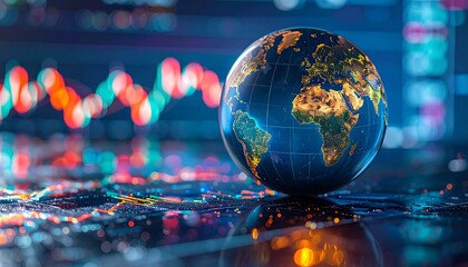 A glowing Earth globe sits atop a circuit board, with blurry stock chart background, suggesting global tech finance