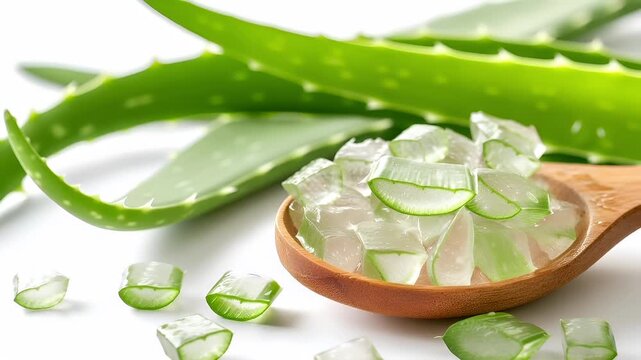 Aloe vera leaves and slices in a wooden bowlaloe veras in a bowl with ice cubes.