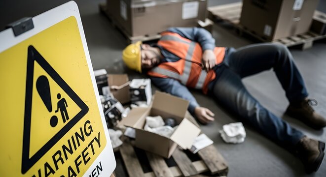 Workplace safety awareness with warning sign and fallen worker for occupational health promotion